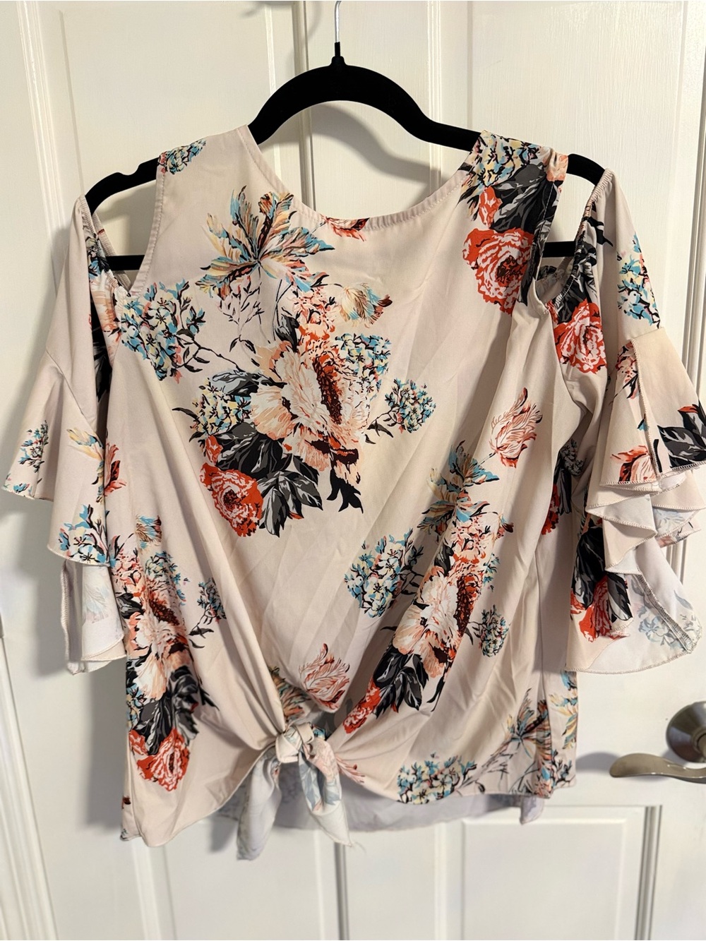 Floral Cold-Shoulder Tie-Front Blouse - Cream Floral